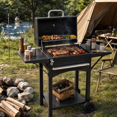 Outvita Charcoal Grill with 2 Side Tables, BBQ Grill with Lid & Chimney