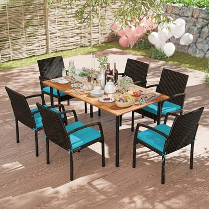 Tangkula 7 Pieces Outdoor Dining Set, Patio Acacia Wood Table and PE Rattan Chairs with Soft Cushions and 2” Umbrella Hole for Deck, Garden and Backyard