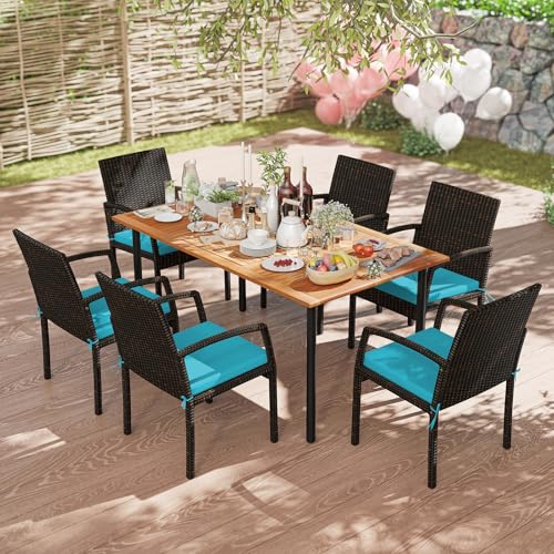 Tangkula 7 Pieces Outdoor Dining Set, Patio Acacia Wood Table and PE Rattan Chairs with Soft Cushions and 2” Umbrella Hole for Deck, Garden and Backyard