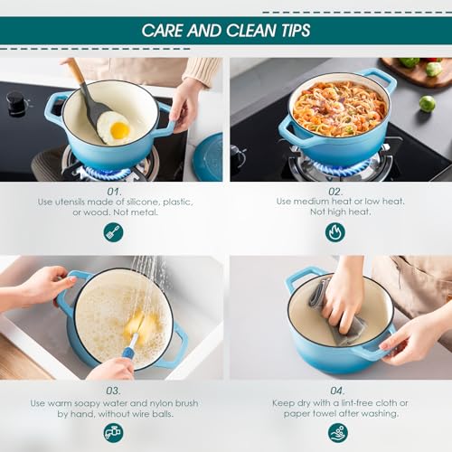 vancasso Enameled Cast Iron Dutch Oven, 2.5 QT Blue Naturally Non-Stick Casserole Dish Cookware, with Stainless Steel Knob Lid Cast Iron Casserole for Steam Braise Bake Broil Saute Simmer Roast