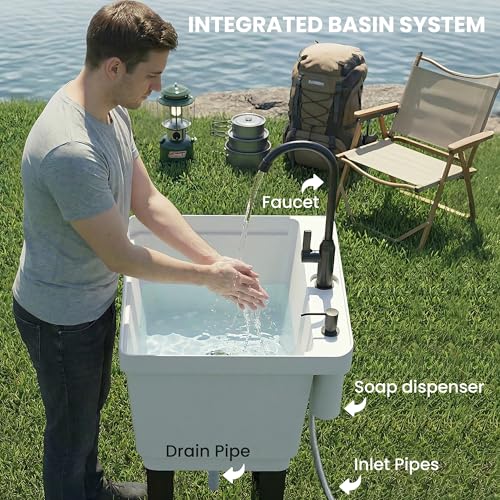 Outsunny 23-Gallon Utility Sink Laundry Tub for Washing Room, Freestanding Laundry Sink with Soap Dispenser, Faucet, Inlet and Drain Hoses, Portable Utility Tub for Indoor & Outdoor, White