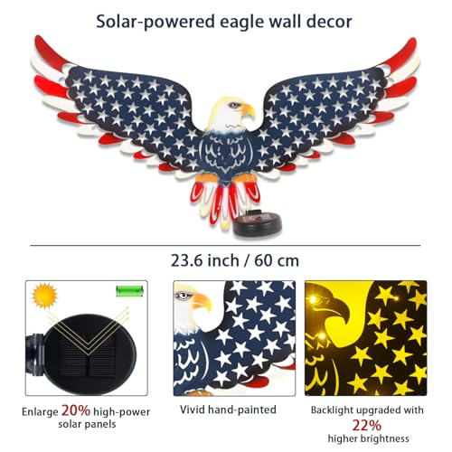 23" American Eagle Metal Wall Art with Solar Lights Outdoor - 4th of July Decorations Outdoor | Led-lit Patriotic Sculpture with American Flag | Solar Powered Independence Day Decor for Yard & Porch