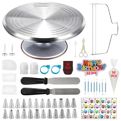 YOQXHY Cake Decorating Kit, 198 Pcs Baking Supplies Tools with Aluminium Cake Turntable, Leveler, 24 Numbered Icing Tips, 2 Spatulas, 3 Scrapers, 2 Couplers, 50 Pastry Bags, 50 Cupcake Liners & More