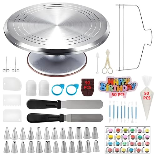 YOQXHY Cake Decorating Kit, 198 Pcs Baking Supplies Tools with Aluminium Cake Turntable, Leveler, 24 Numbered Icing Tips, 2 Spatulas, 3 Scrapers, 2 Couplers, 50 Pastry Bags, 50 Cupcake Liners & More