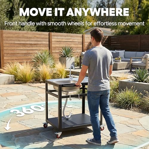 FEASTO 35-Inch Outdoor Grill Cart with Stainless Steel Sink, Rolling BBQ Prep Table with Faucet, Storage Shelves and Lockable Wheels for Patio, Backyard and Outdoor Cooking, Silver & Black