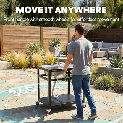 FEASTO 35-Inch Outdoor Grill Cart with Stainless Steel Sink, Rolling BBQ Prep Table with Faucet, Storage Shelves and Lockable Wheels for Patio, Backyard and Outdoor Cooking, Silver & Black