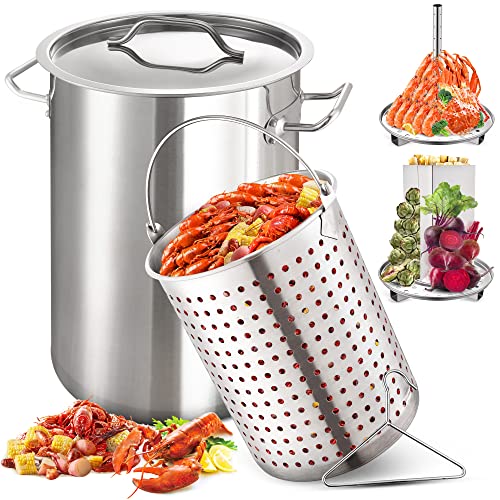 ARC 32QT Stainless Steel Stock pot 6-Piece For Seafood Boil Pot with Basket and Steamer Rack,Cookware for Crawfish Crab Shrimp Lobster Boiling Pot, Turkey Fryer Pot, Tamale Steamer Pot with Strainer