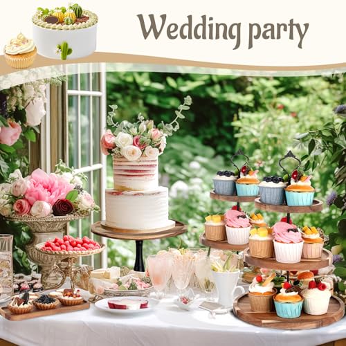 Havawish 7 Pcs Wood Dessert Table Display Set, 3 Tier Wooden Cupcake Stand Round Cake Stand Rectangular Serving Tray Platter for Display Tea Party Wedding Farmhouse(Natural Color)