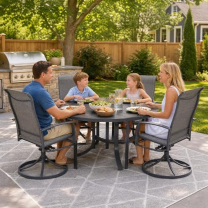 Puntogen 9 Pieces Metal Patio Dining Set with Umbrella Hole, 60" Round Patio Table and Chairs Set with 8 Swivel Chairs, All Weather Outdoor Patio Furniture