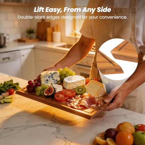 Bamboo Cutting Board Set with Stand, 3PCS Double-Sided Chopping Boards for Kitchen Meal Prep & Serving, Charcuterie, Juice Grooves & Side Handle, Ideal for Meat, Vegetables, Kitchen Essentials, Brown