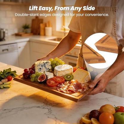 Bamboo Cutting Board Set with Stand, 3PCS Double-Sided Chopping Boards for Kitchen Meal Prep & Serving, Charcuterie, Juice Grooves & Side Handle, Ideal for Meat, Vegetables, Kitchen Essentials, Brown