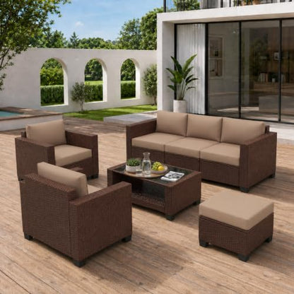 KIGOTY Patio Furniture Set 7 PCS Patio Conversation Sets, All-Weather PE Rattan Outdoor Sectional Sofa with Cushion and 2- Tier Glass Coffee Table（Brown/Camel）