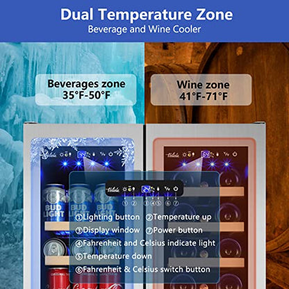 Velieta Wine and Beverage Refrigerator,24 Inch Dual Zone Wine Beverage Cooler, Built-in/Freestanding Beer and Wine Fridge with a Powerful Compressor, 20 Bottles and 88 Cans Capacity