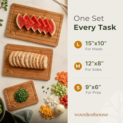 Wooden Cutting Board Set of 3 - Thick & Durable Bamboo Wood Cutting Boards for Kitchen - with Deep Juice Grooves & Built-In Handles - Large Surface, Easy to Clean - for Meat, Vegetables and Fruits
