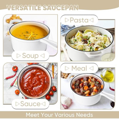 TeamFar 3QT Enameled Cast Iron Sauce Pan, Small Sauce Pot with Lid, Mini Dutch Oven Saucepan for Cooking/Simmering/Baking/Boiling, Sturdy & Nonstick, Oven Safe & Fit for Induction-White