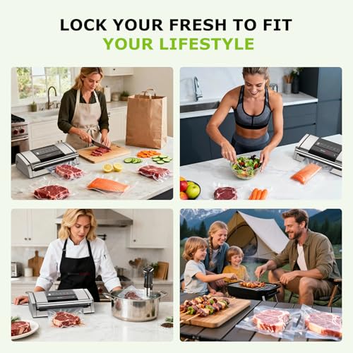 Bonsenkitchen Vacuum Sealer for Food, Easy-Lock Handle Vacuum Sealer Machine with Bag Clip, Built-in Cutter and Bag Storage for Sous Vide and Meal Prep, 1 Roll Bag & 10 Pre-Cut Bags, Silver