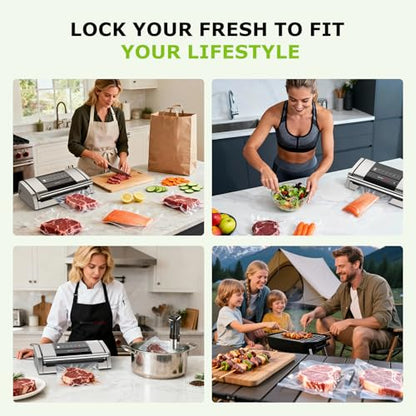 Bonsenkitchen Vacuum Sealer for Food, Easy-Lock Handle Vacuum Sealer Machine with Bag Clip, Built-in Cutter and Bag Storage for Sous Vide and Meal Prep, 1 Roll Bag & 10 Pre-Cut Bags, Silver