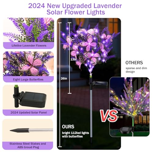 Solar Garden Lights Outdoor, 2 Pack Purple Lavender Solar Butterfly Lights Gardening Gifts for Women,Artificial Flowers Light Purple Halloween Garden Decor for Patio Yard Lawn Christmas