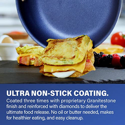 Granitestone 14 Inch Frying Pan with Lid, Non Stick Skillet for Cooking, Nonstick Diamond Coated Large Frying Pan, Family Sized, Oven & Dishwasher Safe Up to 500°F, 4.5 Qt Aluminum Skillet, Blue
