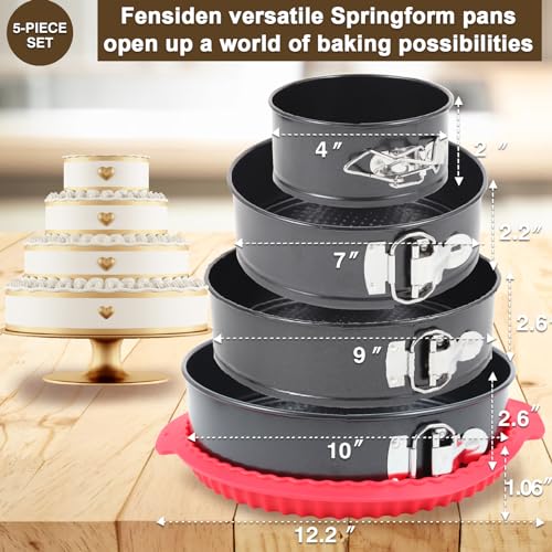 Fensiden Premium Springform Pan Set - 4, 7, 9, 10 Inches Round Cake Pan set with Removable Bottom for Baking, Nonstick Coating, with Thickened Silicone Cheesecake Pan Protector
