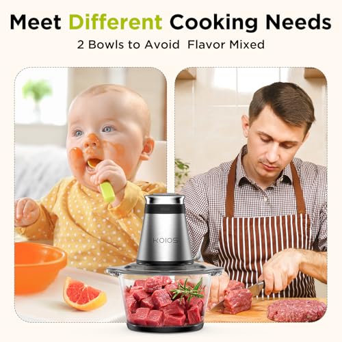KOIOS Food Processor, 500W Electric Food Chopper with 2 Bowls (8 Cup+8 Cup) & 2 Bi-Level Blades&, Small Electric Grinder Meat Processor for Nuts, Meat, Onion, Garlic, Baby Food, Black