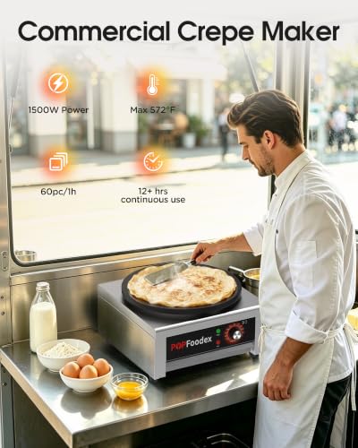 Popfoodex Commercial Crepe Maker - Independent Temperature Control, 1500W Electric Crepe Machine, 16 Inch Pancake Making Machine w/Nonstick Stainless Steel Plate, for Commercial Kitchen Use