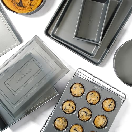 Calphalon Titan 10-Piece Nonstick Bakeware Set, Baking Sheet Set, Steel Core PFA-Free Nonstick Coating, Oven Safe, Includes Sheet Pans, Muffin Pan, Round Cake Pans, Loaf Pan and Cooling Rack - Silver