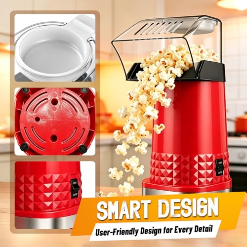 Hot Air Popcorn Popper, 1200W ETL Certified Oil-Free Popcorn Maker, 4.5 Quart Large Capacity Electric Popcorn Machine, 2-Minute Fast Snack Maker for Movie Night Party (Red)