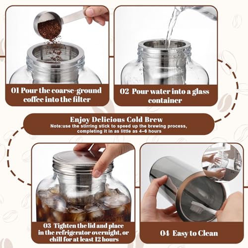 Acellegic 2 Pack 1 Gallon Cold Brew Coffee Maker Iced Coffee Maker with Stainless Steel Filter, Lid & Spigot Heavy Duty Glass Cold Brew Pitcher Drink Dispenser Thick Iced Tea Pitcher for Fridge