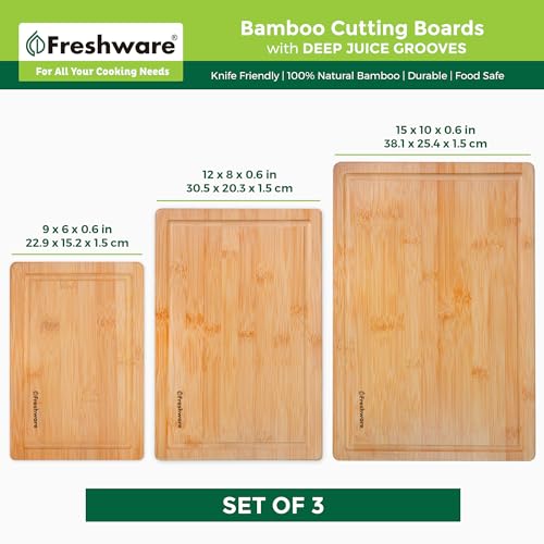 Freshware Wood Cutting Boards for Kitchen - Bamboo Cutting Board Set of 3, Cutting Boards with Juice Grooves, Serving Board Set, Chopping Board for Meat, Veggie, Easy Grip Handle (9x6", 12x8", 15x10")
