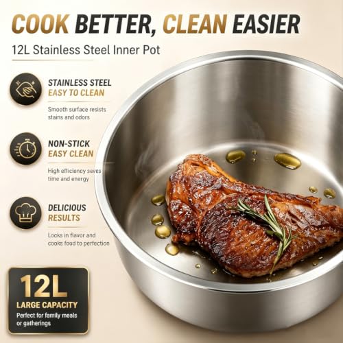 CAZACHEF 12L stainless steel Pressure Cooker | 24-hour Presetting electric rice cooker, 14 in 1 slow cooker with temperature control | LED Multifunction Steamer, Food Warmer with nonstick pot