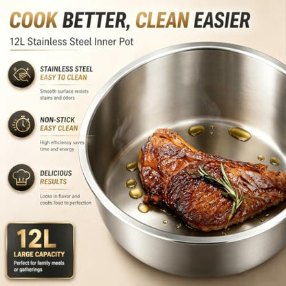 CAZACHEF 12L stainless steel Pressure Cooker | 24-hour Presetting electric rice cooker, 14 in 1 slow cooker with temperature control | LED Multifunction Steamer, Food Warmer with nonstick pot