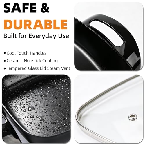 I-Keukenn 12" Ceramic Nonstick Electric Skillet with Tempered Vented Glass Lid, Scratch-Resistant Surface, Cool-Touch Handles, Removable Easy-to-Clean Design, 1200W, Sleek Black