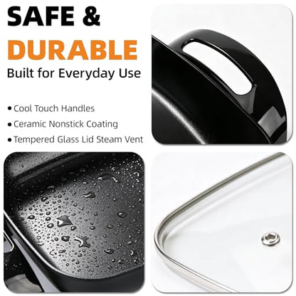 I-Keukenn 12" Ceramic Nonstick Electric Skillet with Tempered Vented Glass Lid, Scratch-Resistant Surface, Cool-Touch Handles, Removable Easy-to-Clean Design, 1200W, Sleek Black