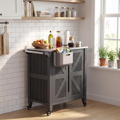 Outdoor Grill Cart with Stainless Steel Top, Outdoor Kitchen Island BBQ Prep Table, Storage Cabinet, Mobile Grill Cart with Folding Hanging Trash Bin, Wheels, Side Shelf for Patio, Garden, Picnic