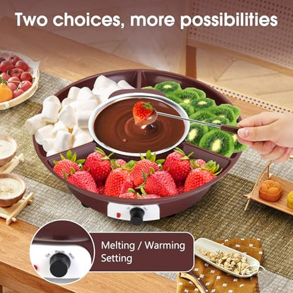 VAlinks Electric Chocolate Melting Pot Chocolate Fondue Pot Set 3-Section Serving Trays with 6pcs Dipping Forks Perfect for Housewarming Christmas Party Gifts (Brown)