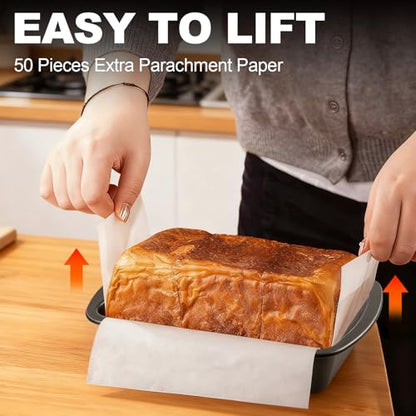 Loaf Pan with Liners Set, 2-Pack Nonstick 10 x 5 Inch Bread Pan and 50 Loaf Liners for Homemade Oven Baking - Rectangular Baking Tray for Kitchen Home Baker Make Sourdough Banana Sandwich Bread