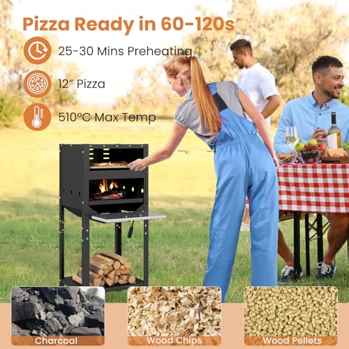 Happygrill 12” Pizza Oven Outdoor, Wood-Fired Pizza Stove with Ash Tray & Wood Storage, Pizza Stone, Pizza Peel & Oxford Cloth Cover, Multi-Fuel Pizza Maker for Patio, Backyard, Camping & BBQ