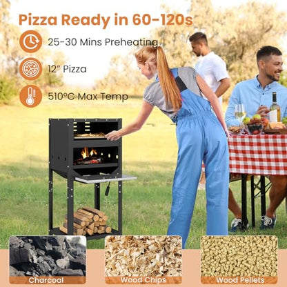 Happygrill 12” Pizza Oven Outdoor, Wood-Fired Pizza Stove with Ash Tray & Wood Storage, Pizza Stone, Pizza Peel & Oxford Cloth Cover, Multi-Fuel Pizza Maker for Patio, Backyard, Camping & BBQ