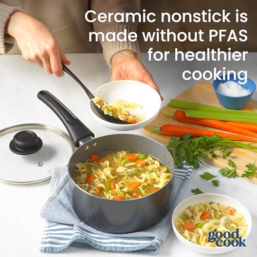 GoodCook Everyday Sauce Pan with Lid Ceramic Nonstick Aluminum Construction for Even Heating Non-Toxic PTFE & PFOA Free, 3-Quarts, Black