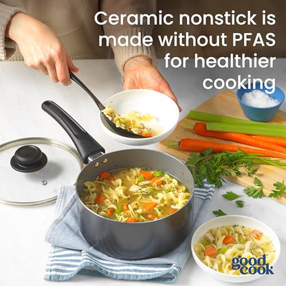 GoodCook Everyday Sauce Pan with Lid Ceramic Nonstick Aluminum Construction for Even Heating Non-Toxic PTFE & PFOA Free, 3-Quarts, Black