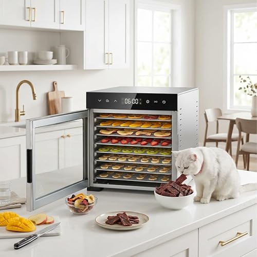 Simple Deluxe Food Dehydrator, Fruit Dryer Machine with 8 Stainless Steel Trays, 500W Powerful Motor, 185°F Adjustable Temperature & 48-Hour Timer for Jerky, Fruits, Herbs, Dog Treats, Silver