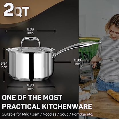 Ciwete 2 Quart Sauce Pan with Lid, Tri Ply Stainless Steel Saucepan 2 Qt with Stainless Steel Lid, 2 Measuring Lines, Upgraded Packaging, Cool Ergonomic Handle, Dishwasher & Oven Safe