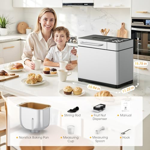 Manastin 19-in-1 Bread Maker Pro, 2LB Bread Machine with Fruit and Nut Dispenser, Stainless Steel Housing, Nonstick Baking Pan, 2 Pound Bread Maker Machine, Ideal Kitchen Gift for Home Bakers