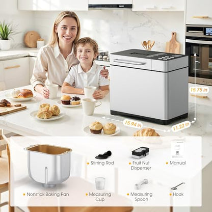 Manastin 19-in-1 Bread Maker Pro, 2LB Bread Machine with Fruit and Nut Dispenser, Stainless Steel Housing, Nonstick Baking Pan, 2 Pound Bread Maker Machine, Ideal Kitchen Gift for Home Bakers
