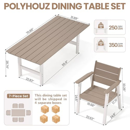 Polyhouz Outdoor Dining Set,7-Piece Patio Table and Chairs Set for 6, HDPE Outdoor Dining Table and Chairs with Umbrella Hole, All-Weather Patio Dining Furniture Set,White Brown