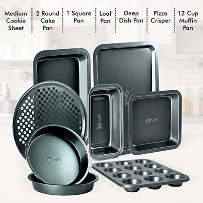 PERLLI Non-Stick 8-Piece Bakeware Set – Carbon Steel with Even Heat Distribution, Oven Safe to 446°F, BPA-Free, Dishwasher Safe, Stackable Baking Tools for Easy Storage and Everyday Cooking - Gray