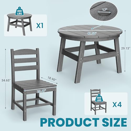 PamapicLife 5 Piece Round Outdoor Dining Set, Relaxing HDPE Outdoor Table and Chairs with 105° Ergonomic Backrest, All-Weather Patio Table and Chairs Set with Umbrella Hole for Porch, Poolside, Gray