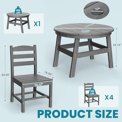 PamapicLife 5 Piece Round Outdoor Dining Set, Relaxing HDPE Outdoor Table and Chairs with 105° Ergonomic Backrest, All-Weather Patio Table and Chairs Set with Umbrella Hole for Porch, Poolside, Gray