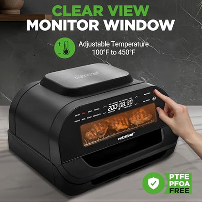 NutriChef Indoor Smokeless Grill | Smart Grill & Air Fryer with 7 Cooking Functions | 6L Capacity | Includes Smart Thermometer | Precise Temperature Control | Non-Stick Removable Grill Plates